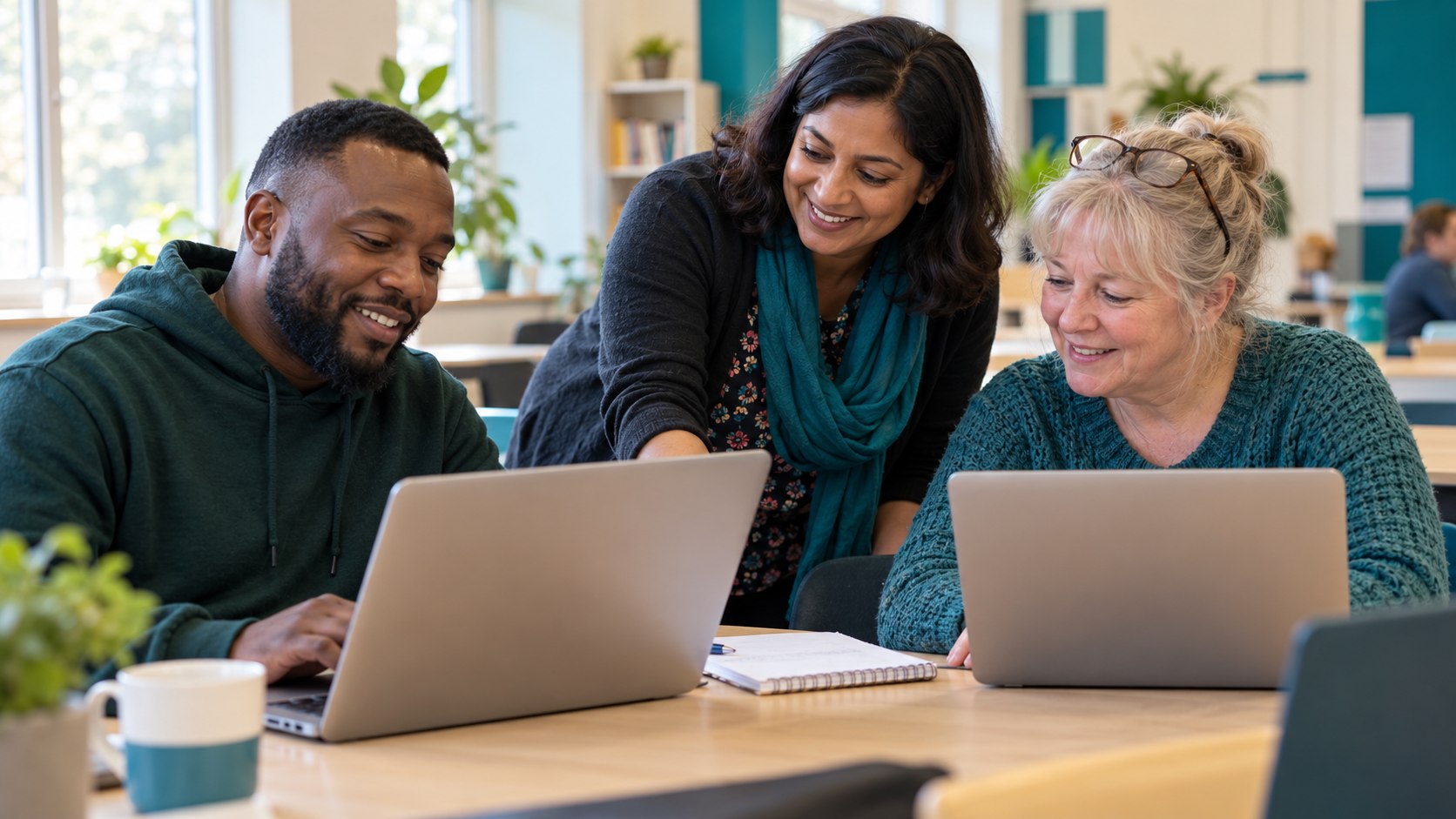 Illustration of adult learners developing laptop skills together