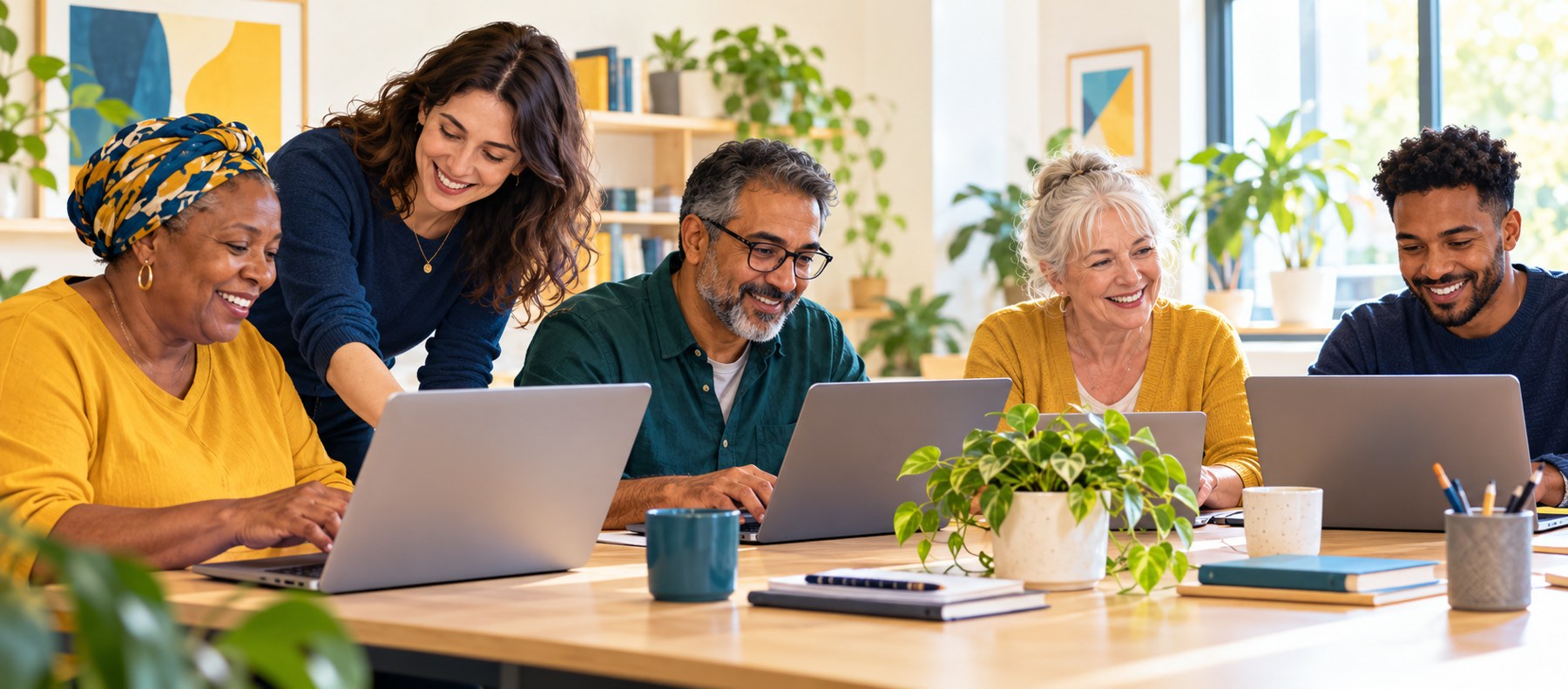 Illustration of adults practising digital skills with support in a learning group
